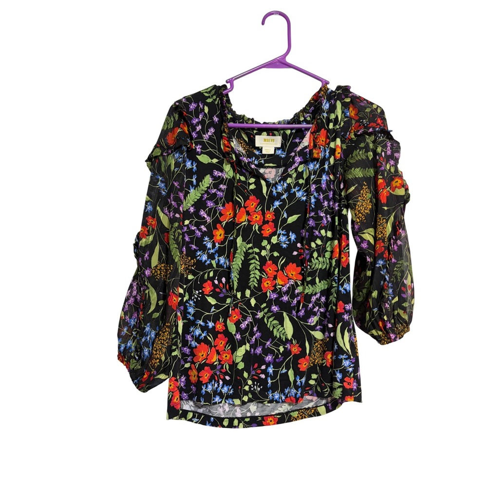 Maeve Anthropologie Blouse Floral Ruffle‎ Black Sheer Sleeve S Boho Cottagecore